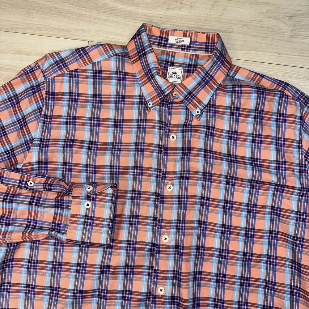 Peter Millar Mens Button down Size‎ Large Multicolor Plaid Short Sleeves preppy